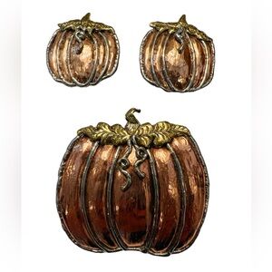 Brutalist Style Pumpkin Brooch Pendant & Earrings Set Mixed Metals Fall Jewelry